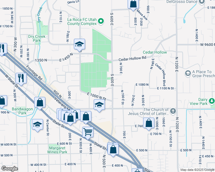 map of restaurants, bars, coffee shops, grocery stores, and more near 1065 North 600 East Street in Lehi