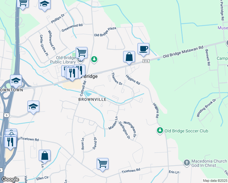 map of restaurants, bars, coffee shops, grocery stores, and more near 104 Wilshire Court in Old Bridge