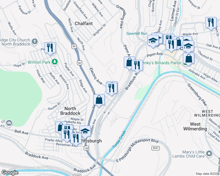 map of restaurants, bars, coffee shops, grocery stores, and more near 836 East Pittsburgh Mall in East Pittsburgh