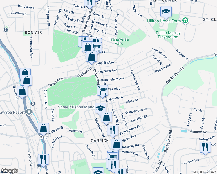 map of restaurants, bars, coffee shops, grocery stores, and more near 118 The Boulevard in Pittsburgh