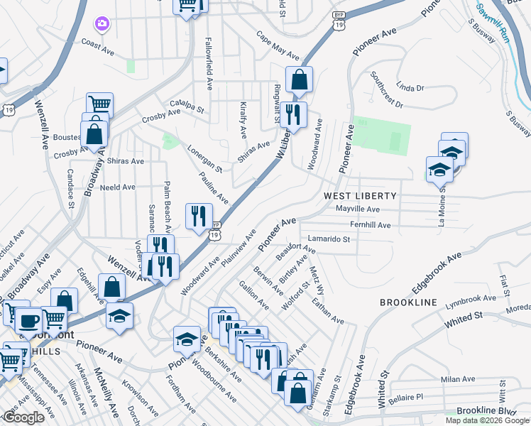 map of restaurants, bars, coffee shops, grocery stores, and more near 2123 Plainview Avenue in Pittsburgh