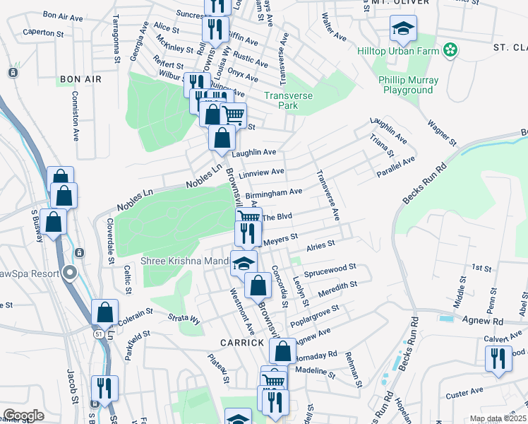map of restaurants, bars, coffee shops, grocery stores, and more near 118 The Boulevard in Pittsburgh