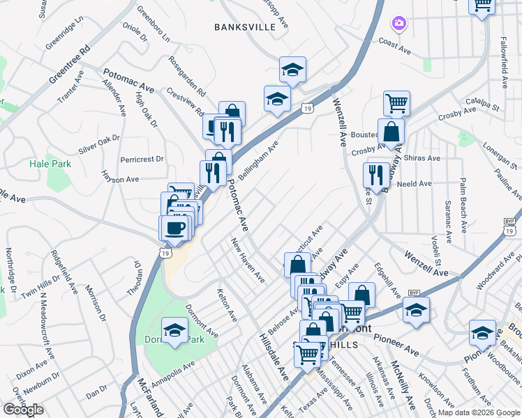 map of restaurants, bars, coffee shops, grocery stores, and more near 2810 Philadelphia Avenue in Pittsburgh