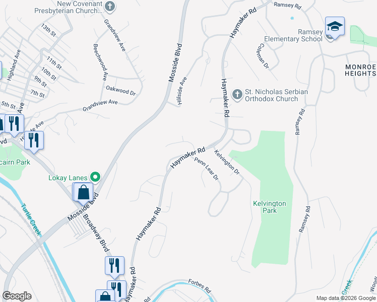 map of restaurants, bars, coffee shops, grocery stores, and more near 105 Penn Lear Drive in Monroeville