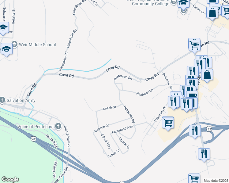 map of restaurants, bars, coffee shops, grocery stores, and more near 165 Patterson Rd in Weirton