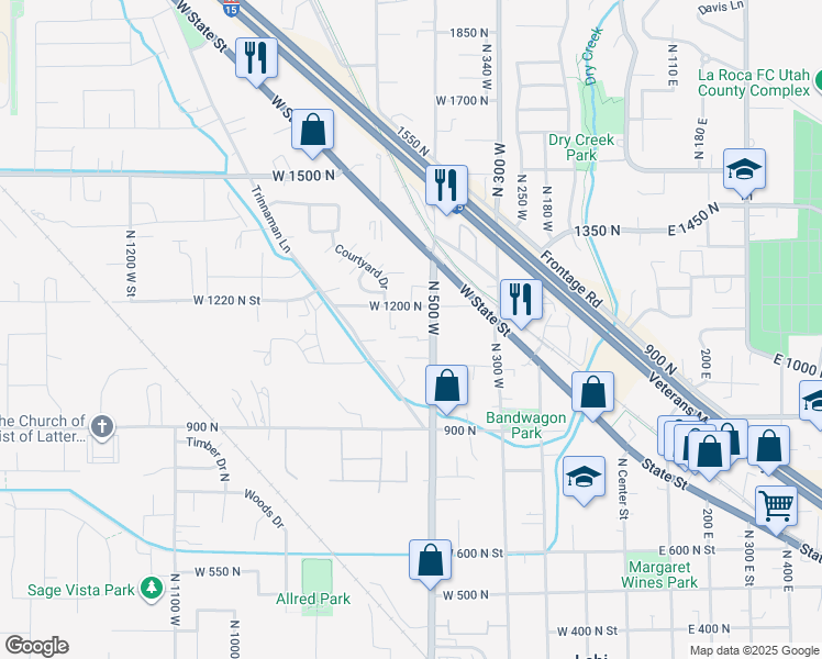 map of restaurants, bars, coffee shops, grocery stores, and more near 527 West 1200 North in Lehi
