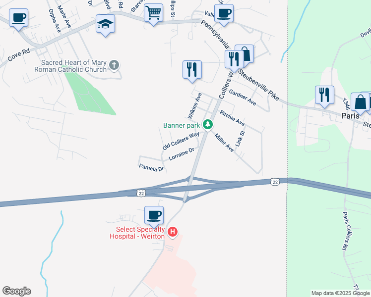 map of restaurants, bars, coffee shops, grocery stores, and more near 219-299 Lorraine Drive in Weirton