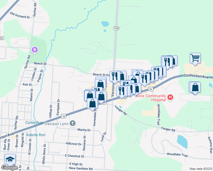 map of restaurants, bars, coffee shops, grocery stores, and more near 47 Ohio 768 in Mount Vernon