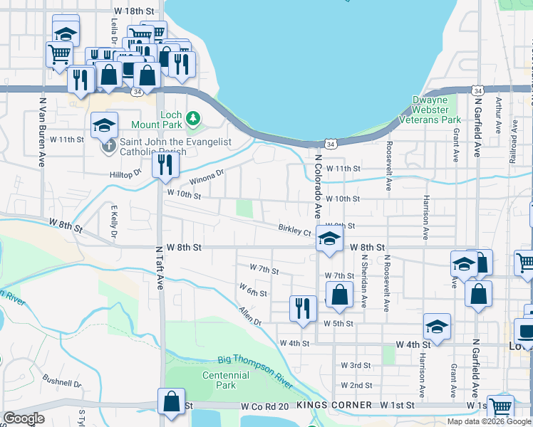 map of restaurants, bars, coffee shops, grocery stores, and more near 920 Douglas Avenue in Loveland