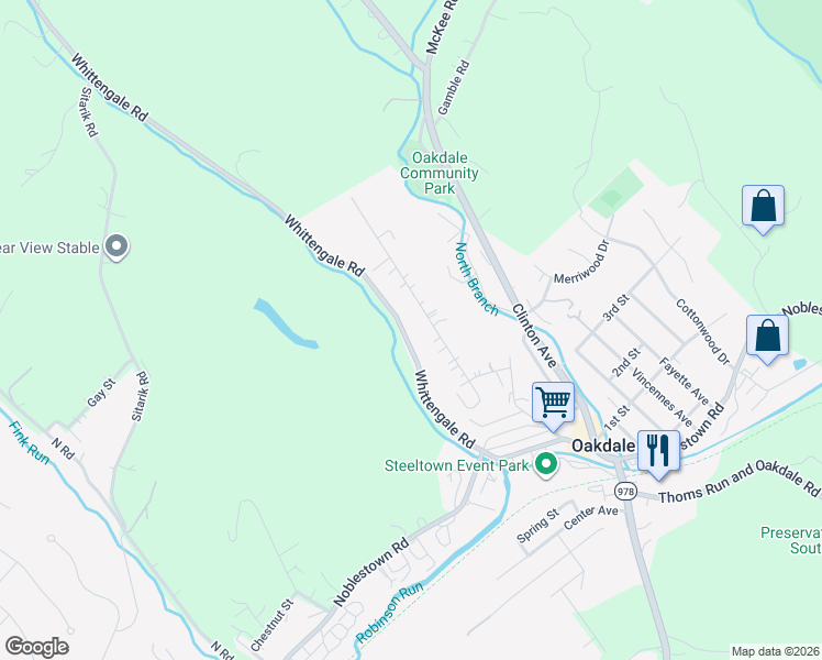 map of restaurants, bars, coffee shops, grocery stores, and more near 402 Whittengale Road in Oakdale