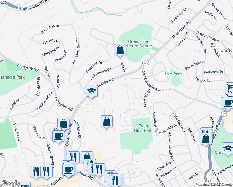 map of restaurants, bars, coffee shops, grocery stores, and more near 260 Chatham Park Drive in Pittsburgh
