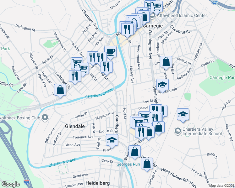 map of restaurants, bars, coffee shops, grocery stores, and more near 417 Carothers Avenue in Carnegie