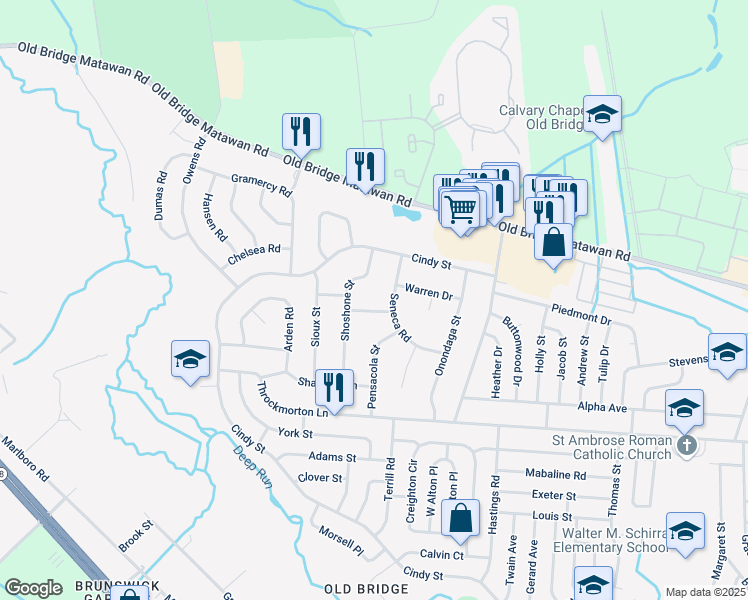 map of restaurants, bars, coffee shops, grocery stores, and more near 9 Teton Place in Old Bridge