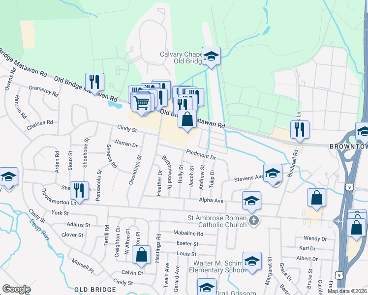 map of restaurants, bars, coffee shops, grocery stores, and more near 48 Piedmont Drive in Old Bridge