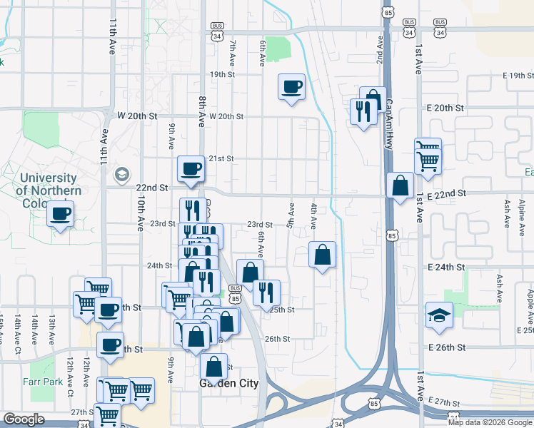map of restaurants, bars, coffee shops, grocery stores, and more near 502 23rd Street in Greeley