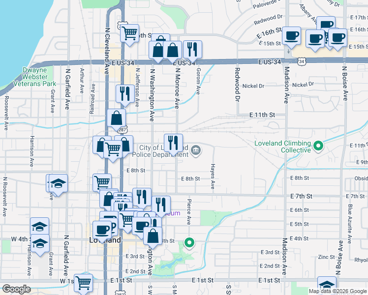map of restaurants, bars, coffee shops, grocery stores, and more near 850 Monroe Avenue in Loveland