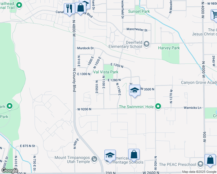 map of restaurants, bars, coffee shops, grocery stores, and more near 1196 North 1150 East in American Fork