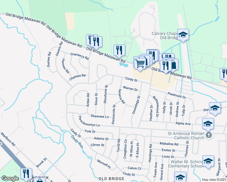 map of restaurants, bars, coffee shops, grocery stores, and more near 9 Teton Place in Old Bridge