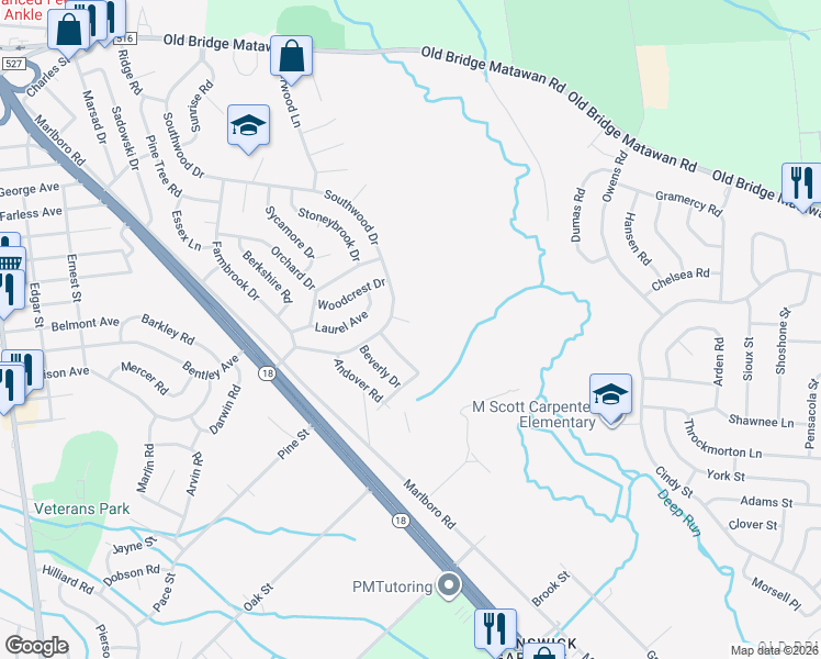 map of restaurants, bars, coffee shops, grocery stores, and more near 11 Concord Drive in Old Bridge