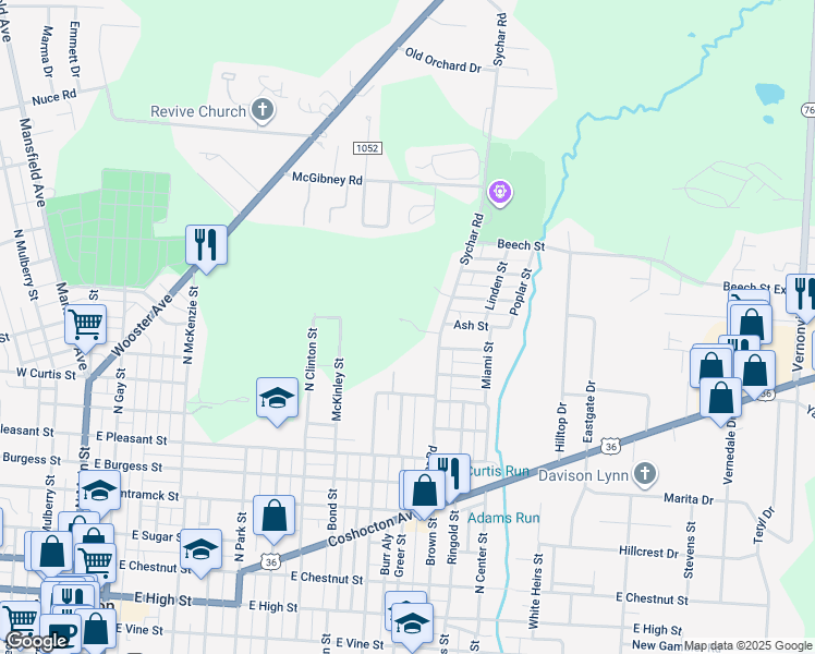 map of restaurants, bars, coffee shops, grocery stores, and more near 525 Boyle Street in Mount Vernon