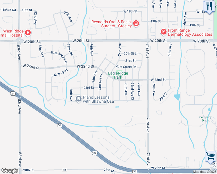 map of restaurants, bars, coffee shops, grocery stores, and more near 2236 74th Avenue in Greeley