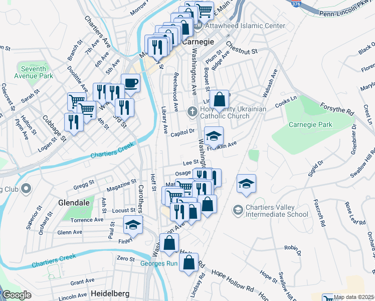 map of restaurants, bars, coffee shops, grocery stores, and more near 834 Washington Avenue in Carnegie