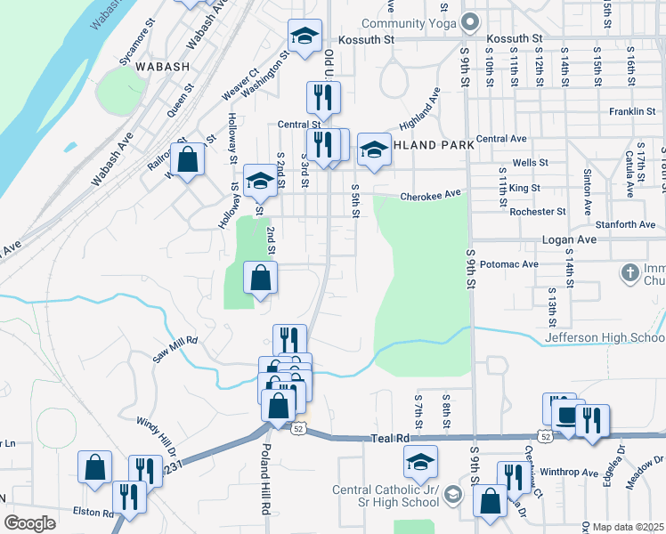 map of restaurants, bars, coffee shops, grocery stores, and more near 1601 South 4th Street in Lafayette