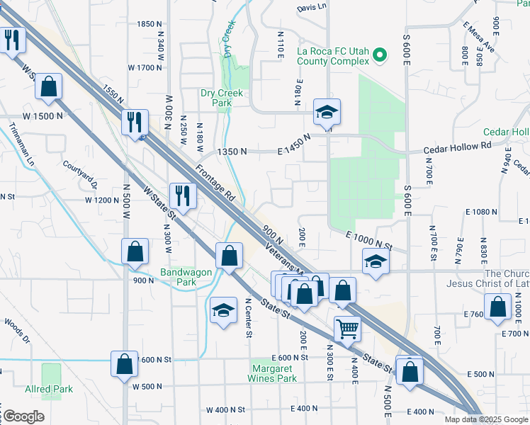 map of restaurants, bars, coffee shops, grocery stores, and more near 96 East 1150 North in Lehi