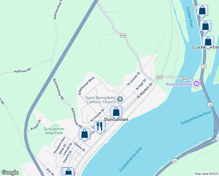 map of restaurants, bars, coffee shops, grocery stores, and more near 909 North Lincoln Street in Duncannon