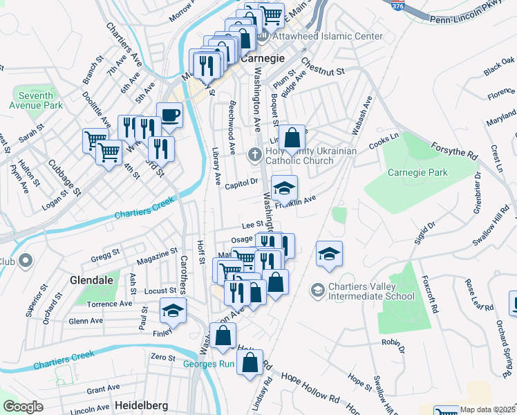 map of restaurants, bars, coffee shops, grocery stores, and more near 834 Washington Avenue in Carnegie