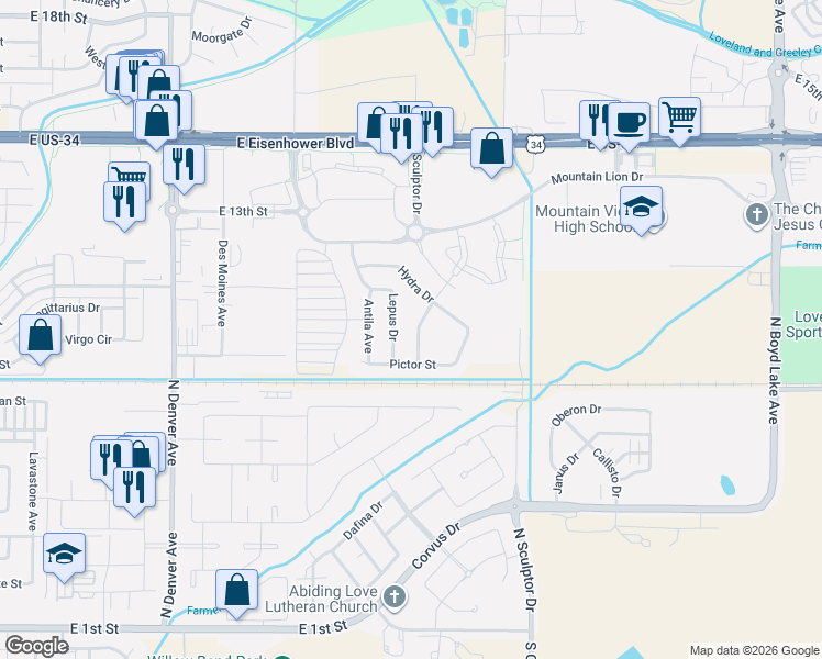 map of restaurants, bars, coffee shops, grocery stores, and more near 914 Lepus Drive in Loveland