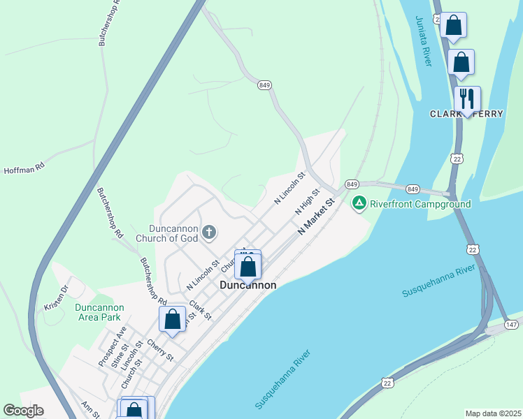 map of restaurants, bars, coffee shops, grocery stores, and more near 1000 North Lincoln Street in Duncannon
