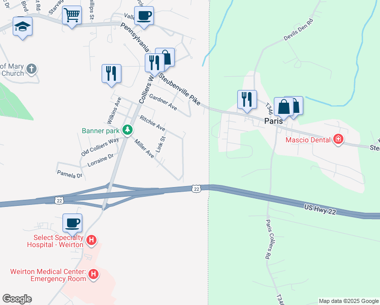 map of restaurants, bars, coffee shops, grocery stores, and more near 321 Ritchie Avenue in Weirton