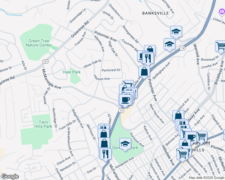 map of restaurants, bars, coffee shops, grocery stores, and more near 2250 Allender Avenue in Pittsburgh