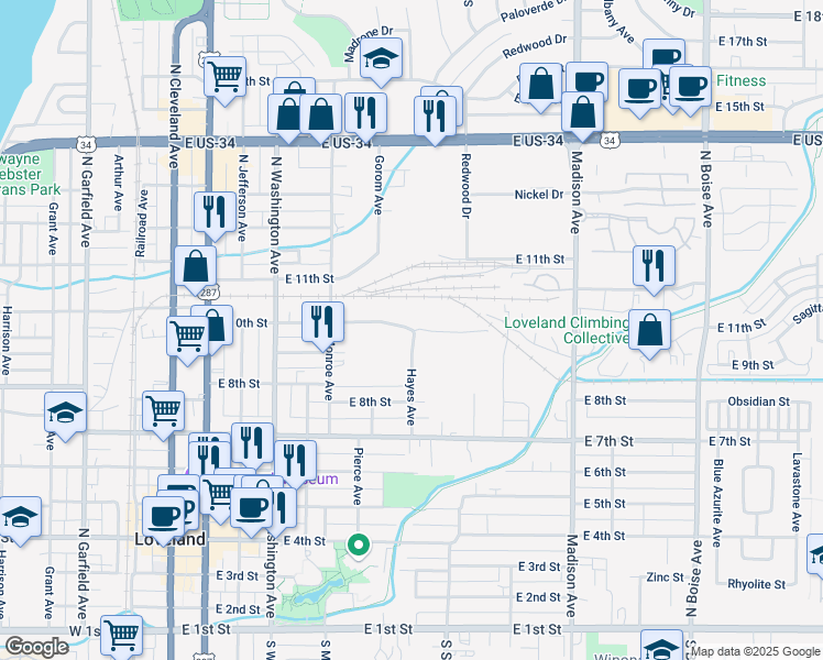 map of restaurants, bars, coffee shops, grocery stores, and more near 894 East 10th Street in Loveland