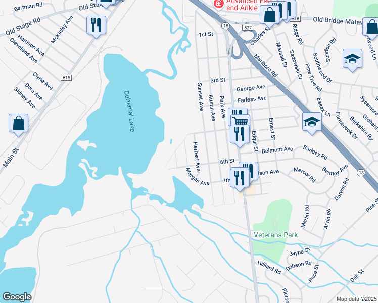 map of restaurants, bars, coffee shops, grocery stores, and more near 311 Morgan Avenue in Old Bridge