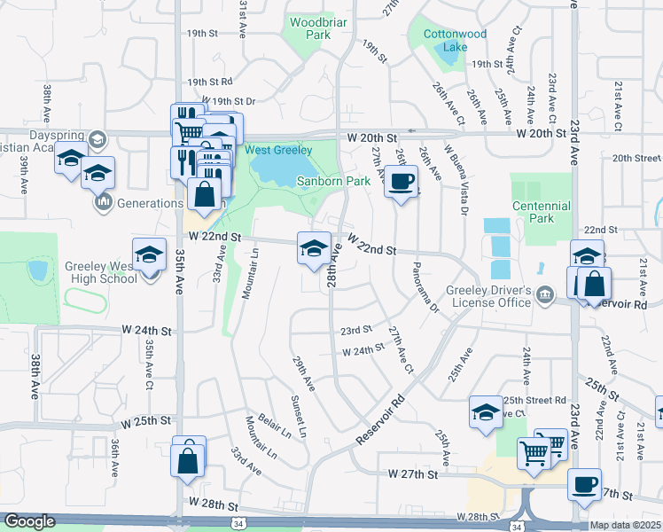 map of restaurants, bars, coffee shops, grocery stores, and more near 2221 28th Avenue in Greeley