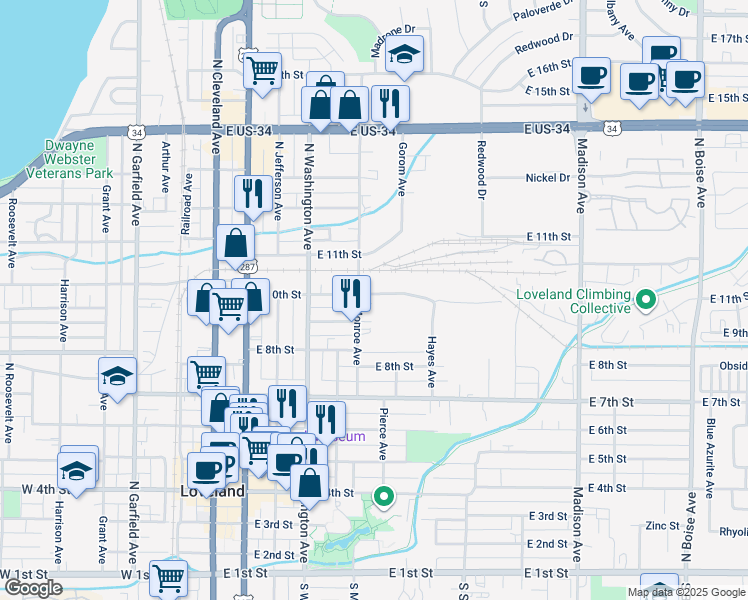 map of restaurants, bars, coffee shops, grocery stores, and more near 990 Monroe Avenue in Loveland