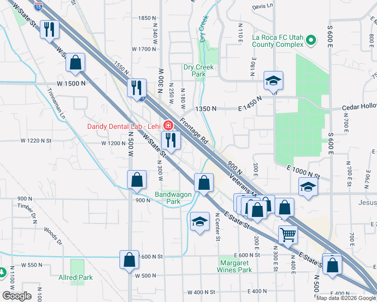 map of restaurants, bars, coffee shops, grocery stores, and more near 1150 North 200 West Street in Lehi