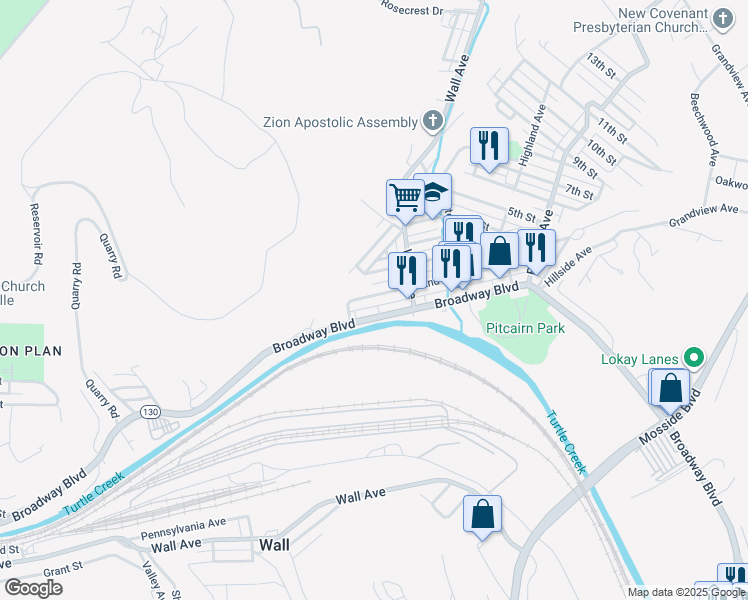 map of restaurants, bars, coffee shops, grocery stores, and more near 308 Broadway Boulevard in Pitcairn