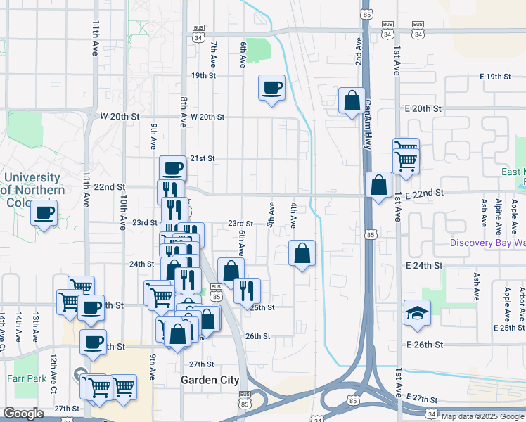 map of restaurants, bars, coffee shops, grocery stores, and more near 502 23rd Street in Greeley