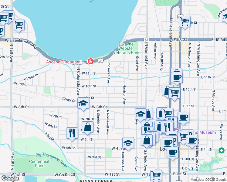 map of restaurants, bars, coffee shops, grocery stores, and more near 438 West 9th Street in Loveland