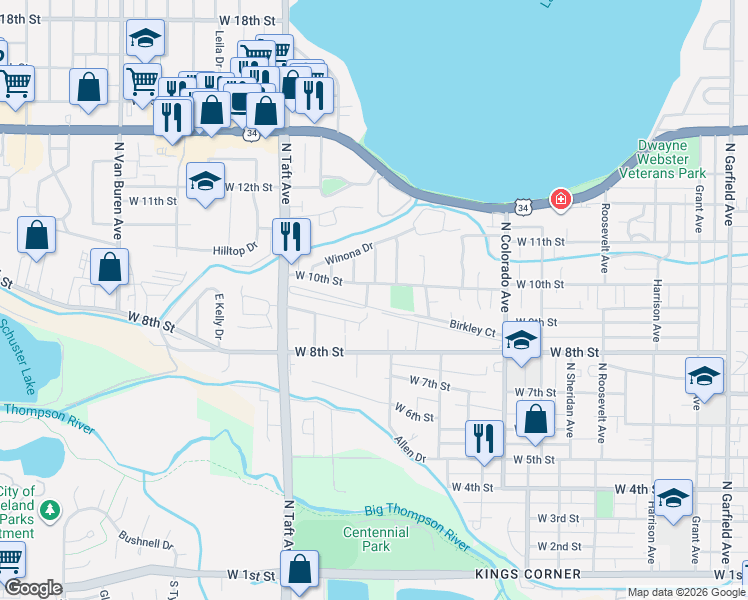 map of restaurants, bars, coffee shops, grocery stores, and more near 1109 Gard Place in Loveland