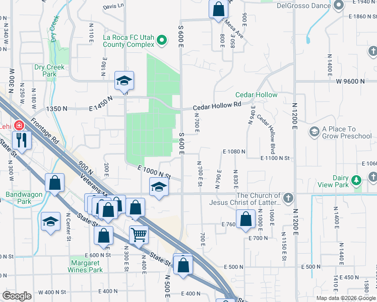 map of restaurants, bars, coffee shops, grocery stores, and more near 1065 North 600 East Street in Lehi