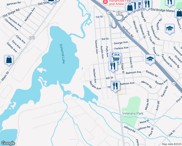 map of restaurants, bars, coffee shops, grocery stores, and more near 311 Morgan Avenue in Old Bridge