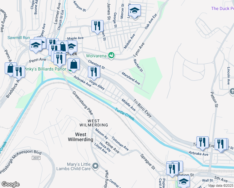 map of restaurants, bars, coffee shops, grocery stores, and more near in Wilmerding