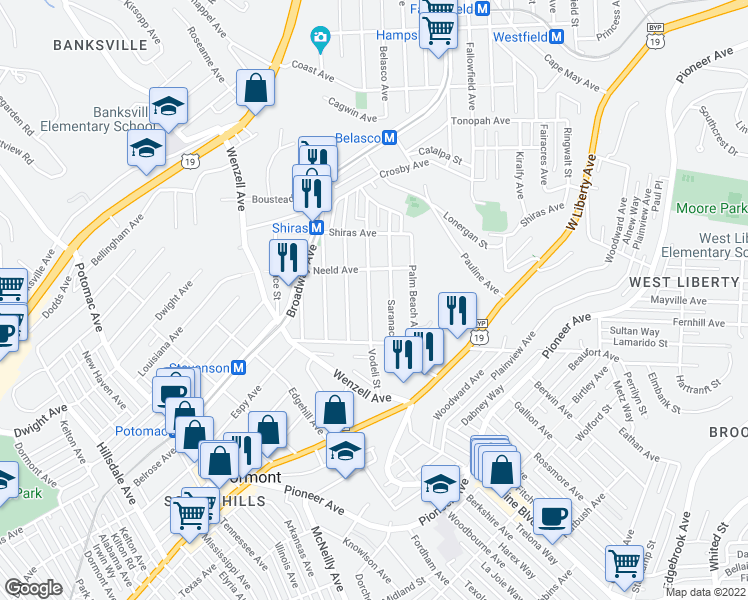 map of restaurants, bars, coffee shops, grocery stores, and more near 2361 Vodeli Street in Pittsburgh