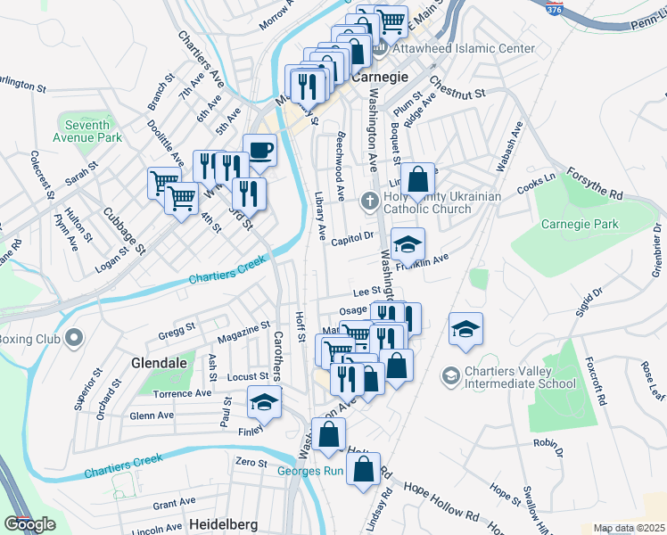 map of restaurants, bars, coffee shops, grocery stores, and more near 123 Lee Street in Carnegie