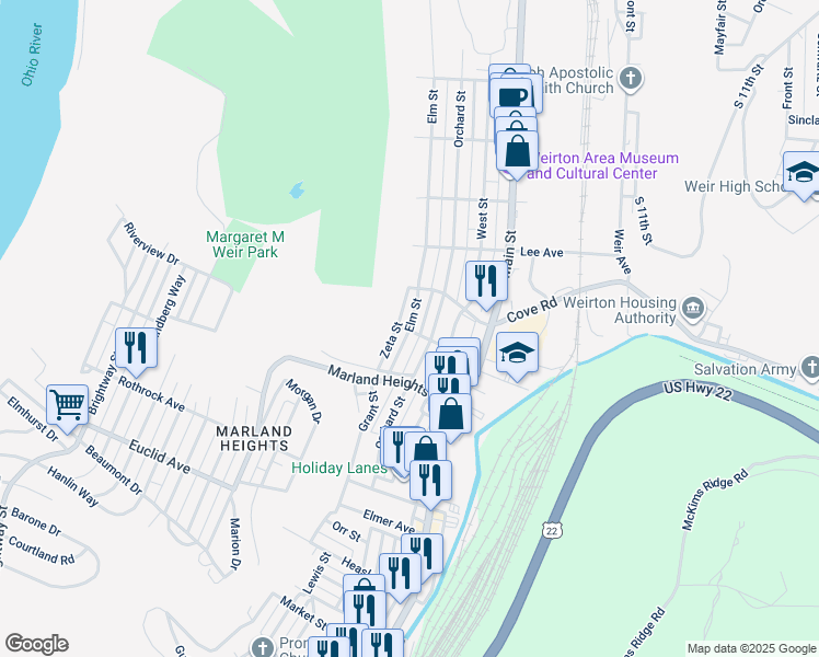 map of restaurants, bars, coffee shops, grocery stores, and more near 3514 Orchard Street in Weirton