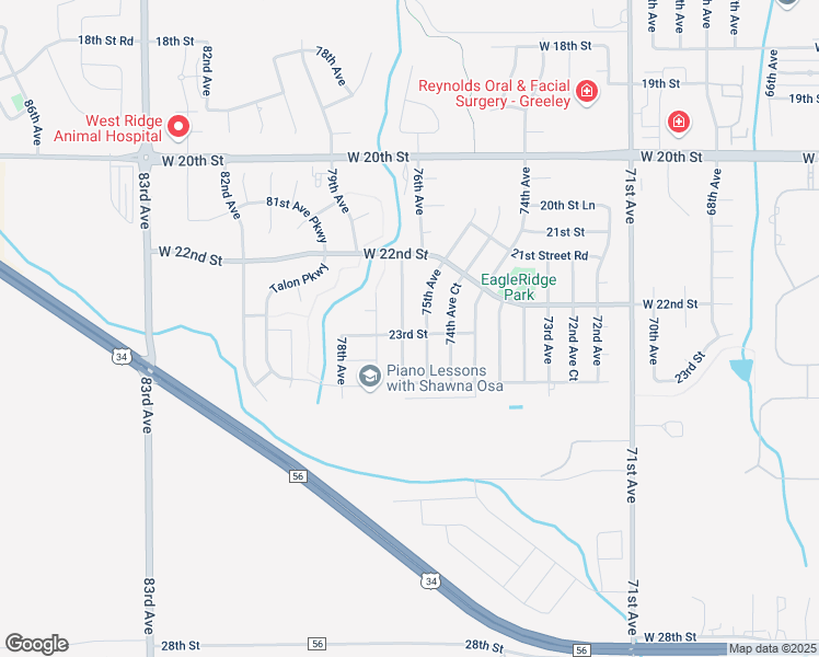 map of restaurants, bars, coffee shops, grocery stores, and more near 2315 76th Avenue Court in Greeley